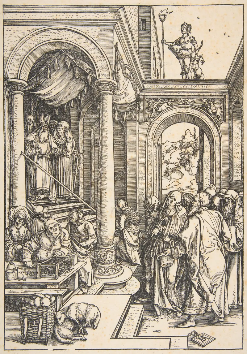 Gravura em preto e branco: em um pátio de colunas e arcos, uma criança diante de sacerdotes à entrada do templo, com muitos fiéis em primeiro plano.