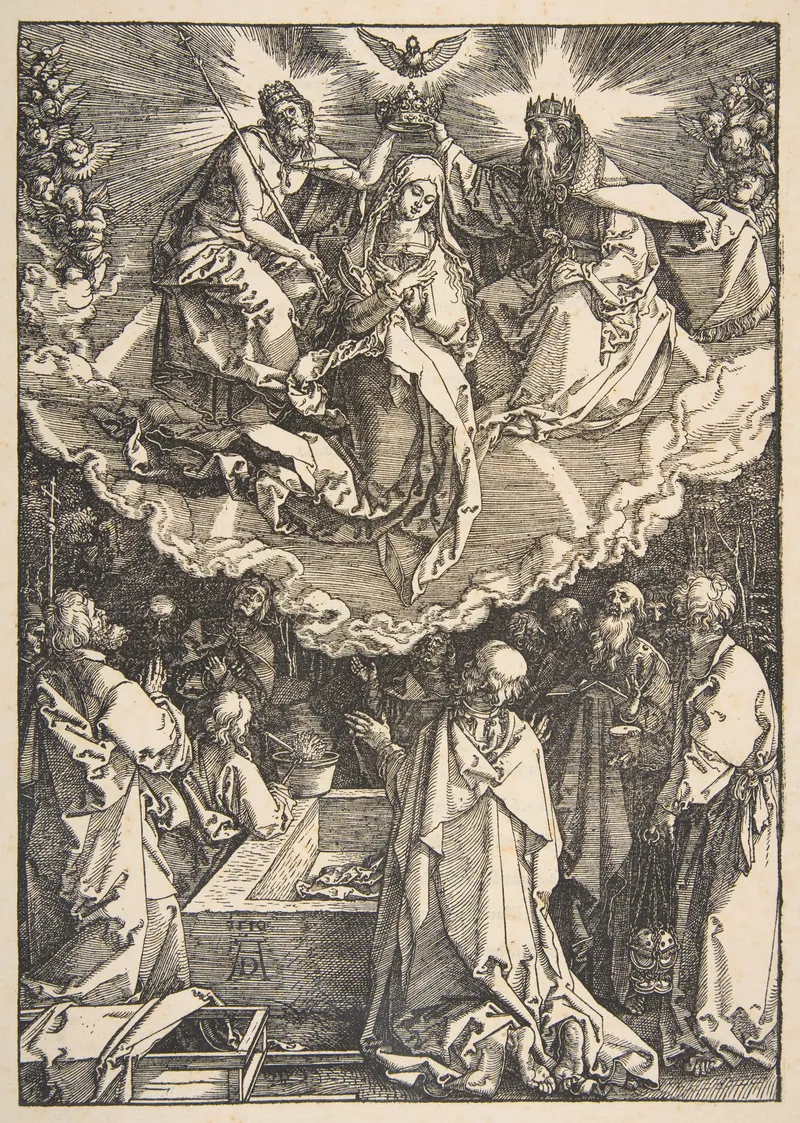 Gravura em preto e branco: Maria é coroada entre nuvens por duas figuras, com uma pomba; embaixo, apóstolos em torno de um sepulcro aberto.