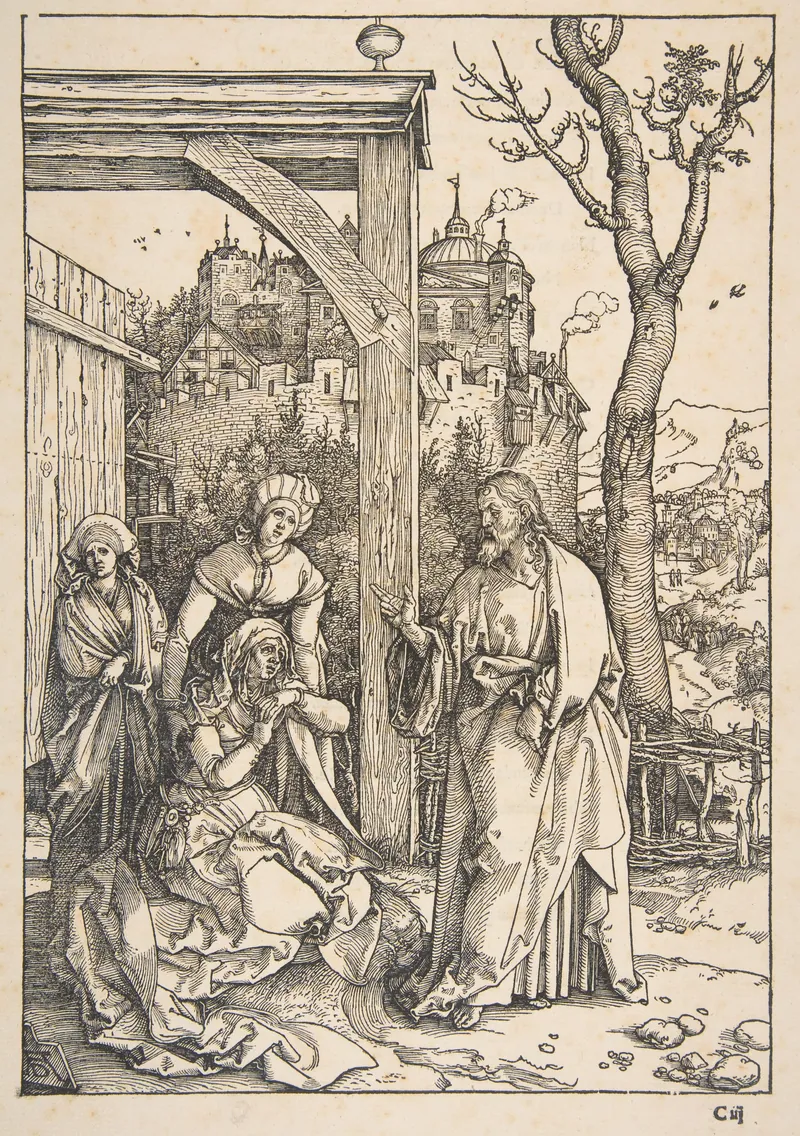 Gravura em preto e branco: ao ar livre, junto a um cercado e a uma árvore, uma mulher ajoelhada, amparada por outras, diante de Cristo em pé.