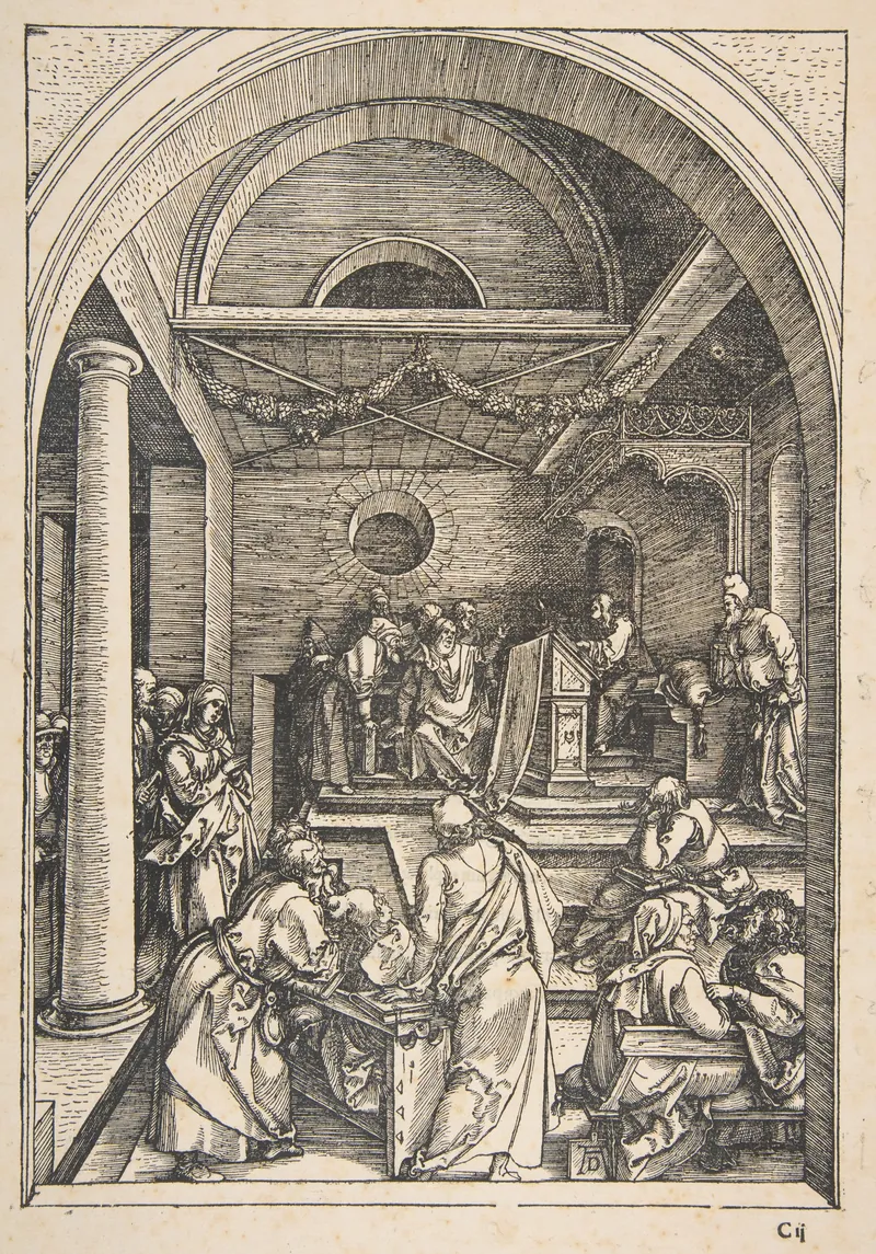 Gravura em preto e branco: Jesus jovem diante de um grupo de doutores, em um espaço de arcos e colunas; Maria e José à esquerda.