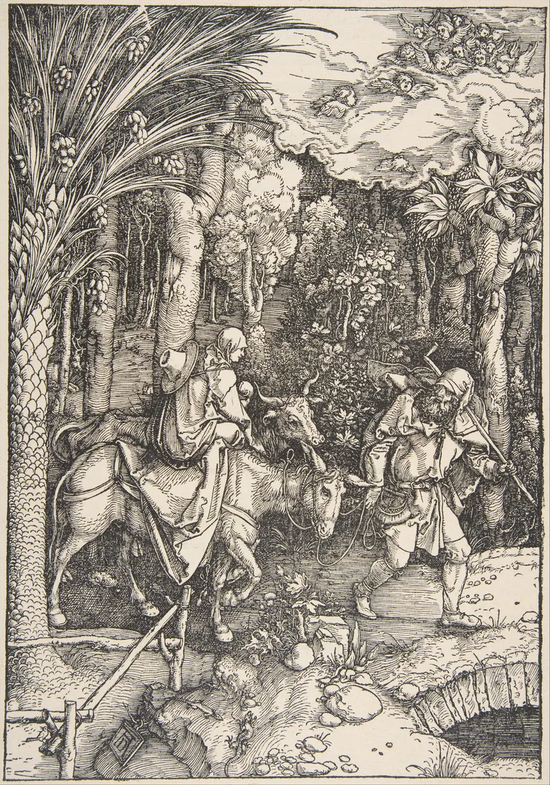 Gravura em preto e branco: Maria, montada num jumento com o Menino, e José à frente caminham por um bosque com palmeira.