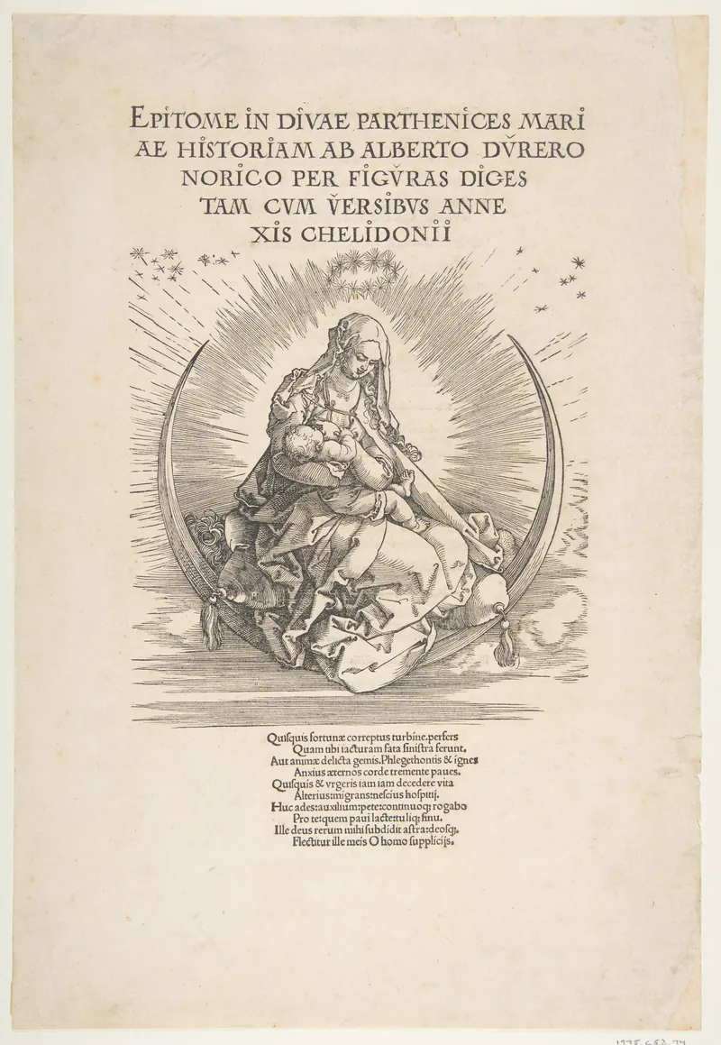 Gravura em preto e branco: a Virgem com o Menino sentada sobre uma lua crescente, em auréola de raios; texto em latim no alto.