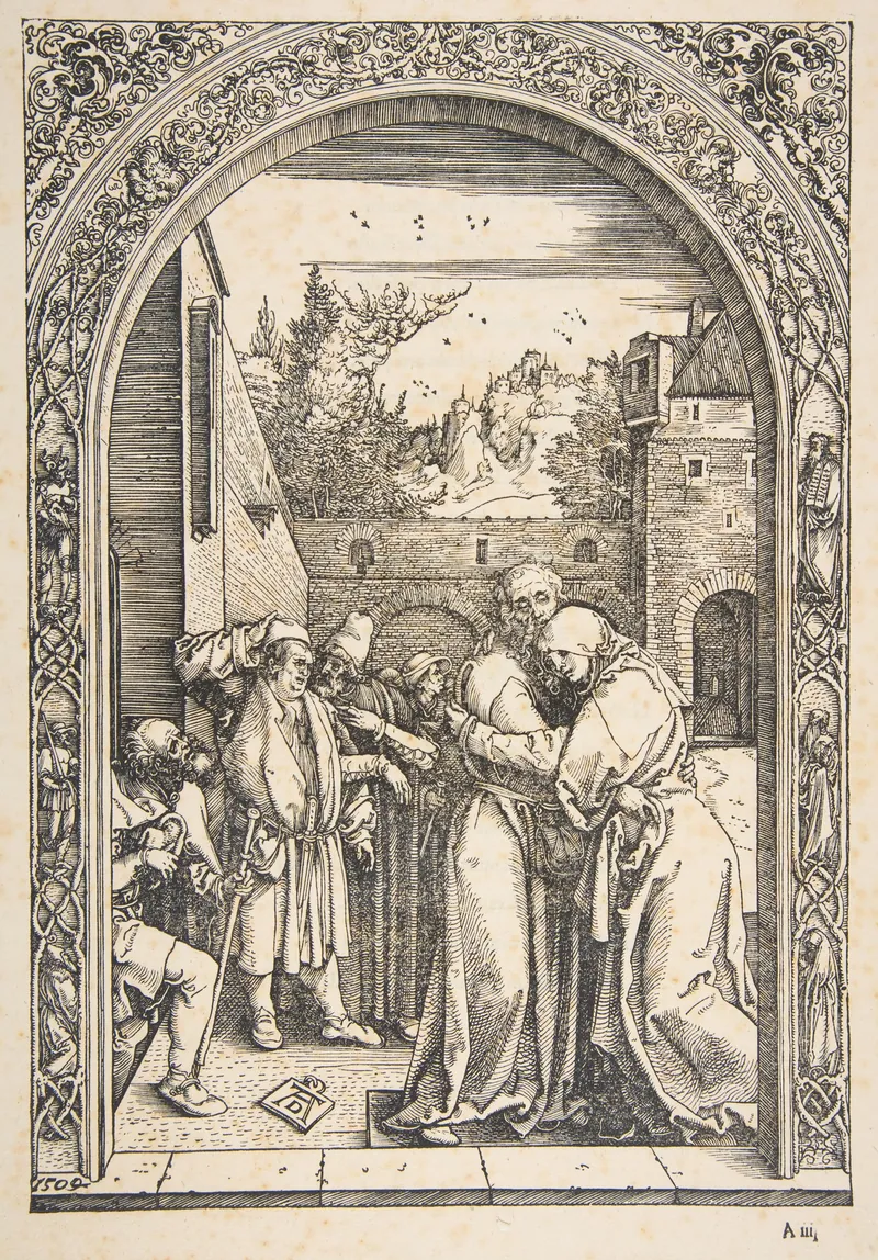 Gravura em preto e branco: sob um arco ornamentado, um homem e uma mulher de mantos longos se abraçam; à esquerda, outras figuras observam; ao fundo, muralha e paisagem.
