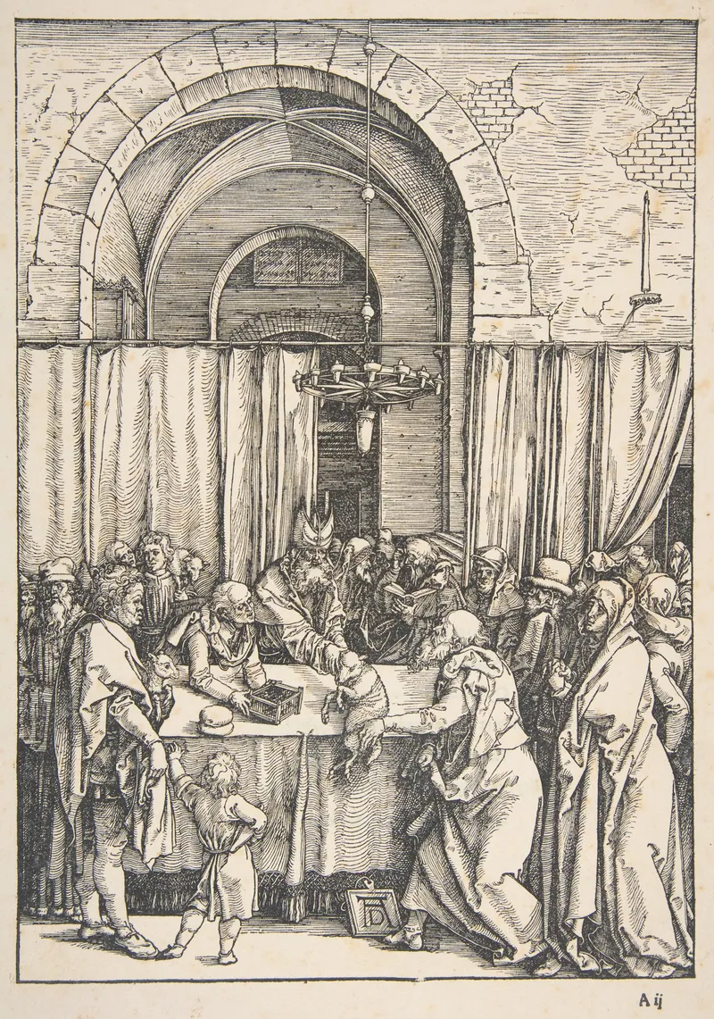 Gravura em preto e branco: sob um grande arco, diante de cortinas, sacerdotes e outras pessoas reunidos em torno de uma mesa-altar onde se faz uma oferta.