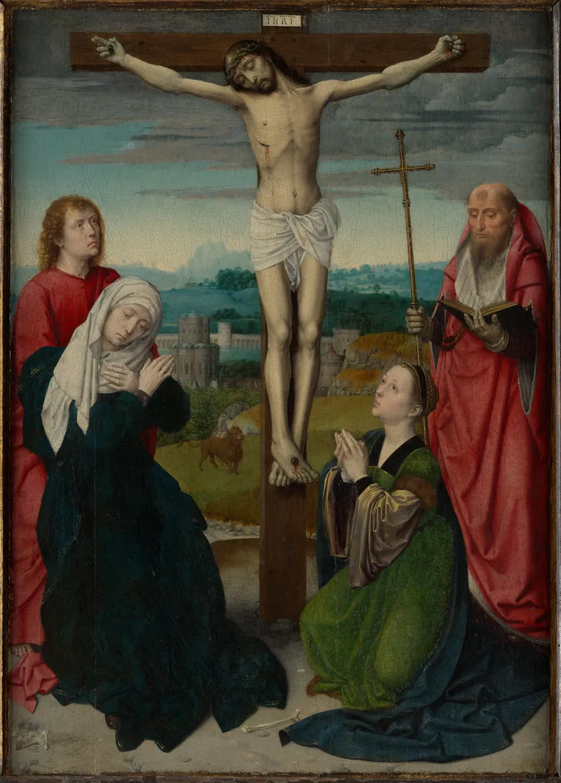 Cristo na cruz sobre uma paisagem com cidade ao longe; à esquerda, Maria, de véu claro e manto escuro, e João; à direita, São Jerônimo e uma santa ajoelhada.