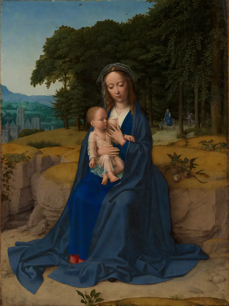 Maria, de manto azul, sentada num outeiro com o Menino ao colo, sob árvores altas, diante de uma paisagem aberta com cidade e céu claro.