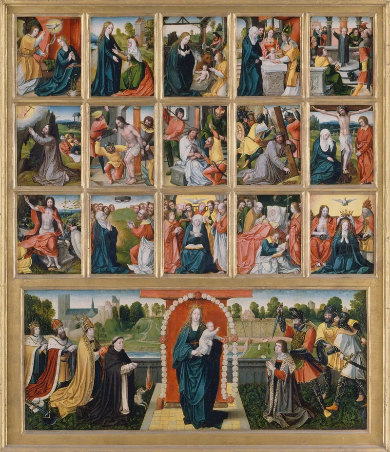 Pintor neerlandês (Bruxelas), Os Quinze Mistérios e a Virgem do Rosário, cerca de 1515-20.