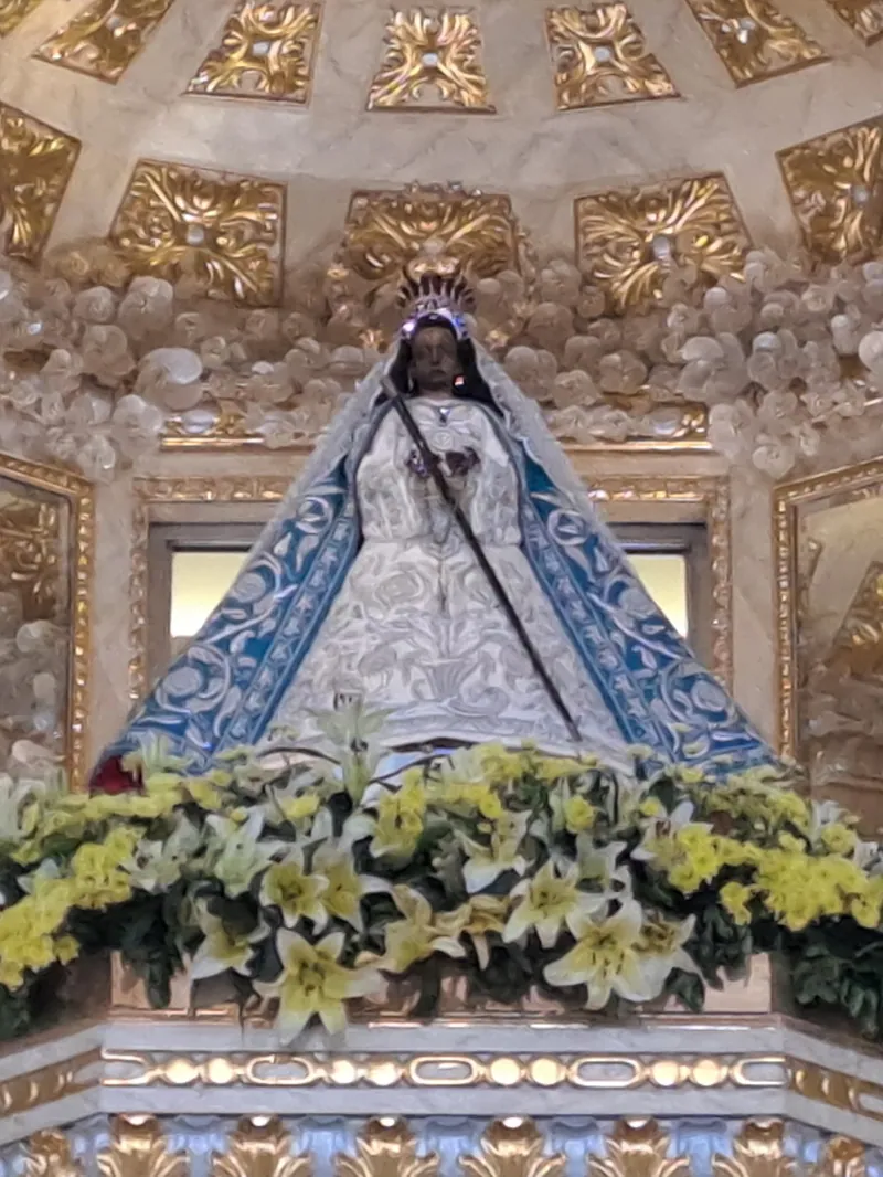 Imagem escura de Maria com rico manto bordado, coroa e resplendor dourados.