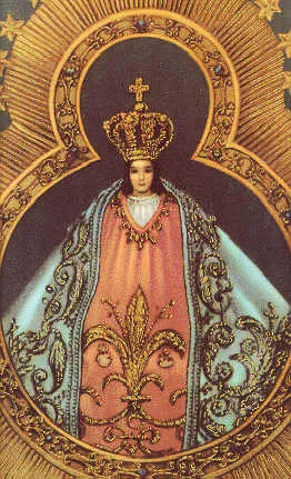 Desenho da pequena imagem de Maria de mãos postas, com manto e resplendor.